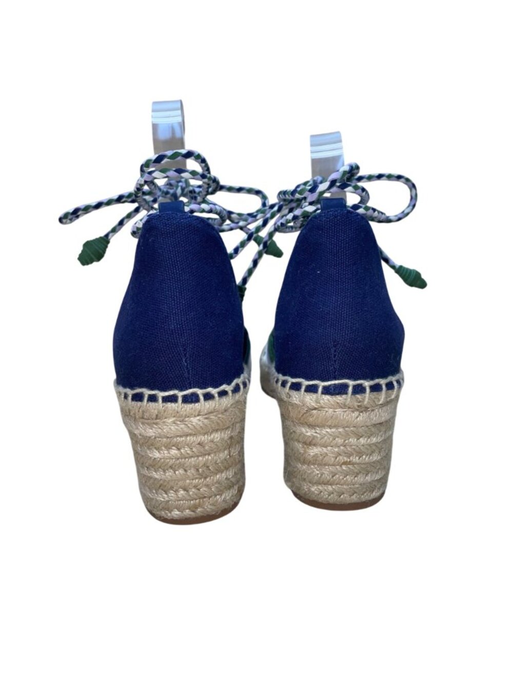 Tory Burch Women’s White & Blue Canvas Lace-Up Espadrille Wedge Sandals Size 8M - Picture 8 of 9